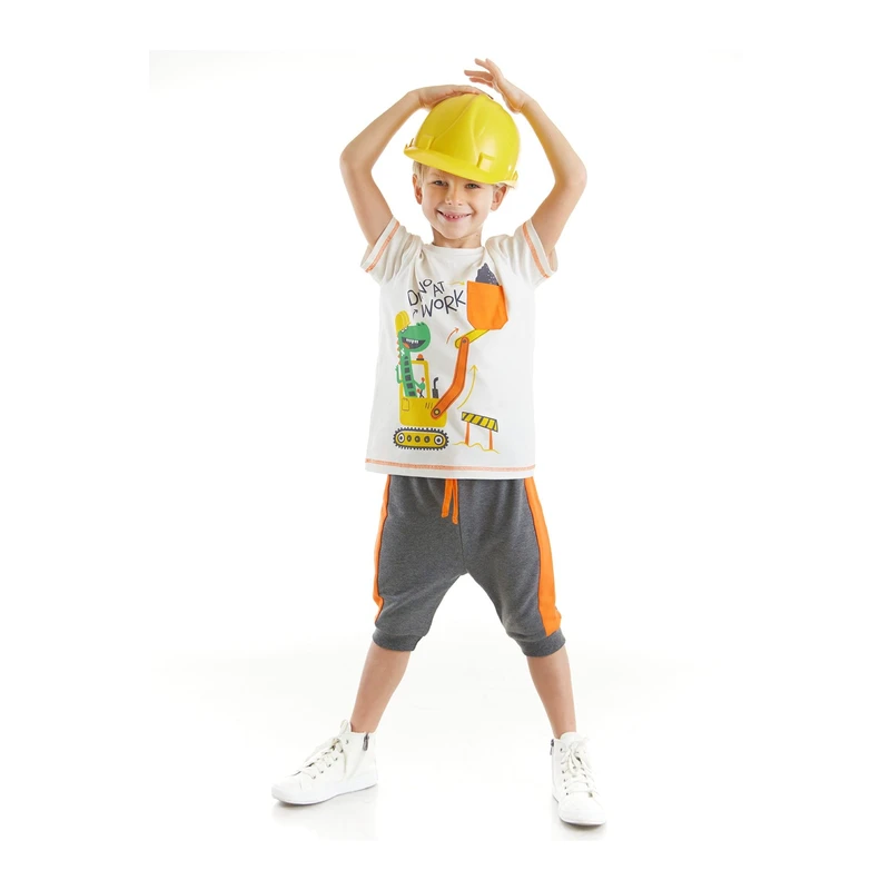 Denokids Dino At Work Boys White T-shirt Gray Capri Shorts Set