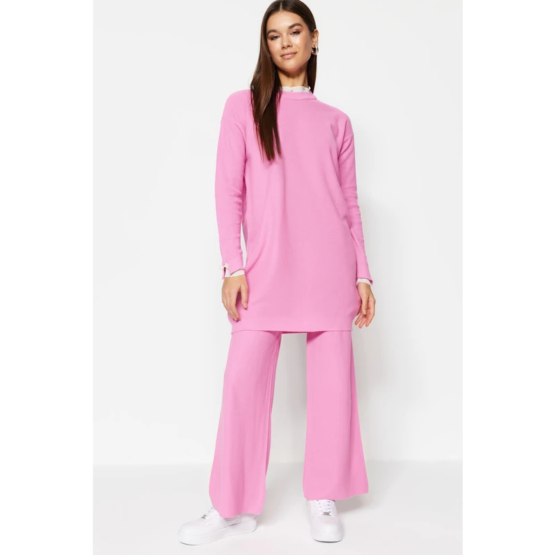 Trendyol Pink Pearl and Tulle Detailed Sweater-Pants Knitwear Set