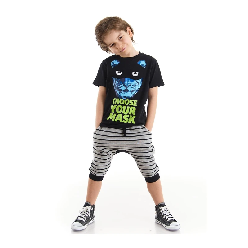 Mushi Masked Tiger Boy Cotton Boy Black T-shirt Striped Gray Capri Shorts Set