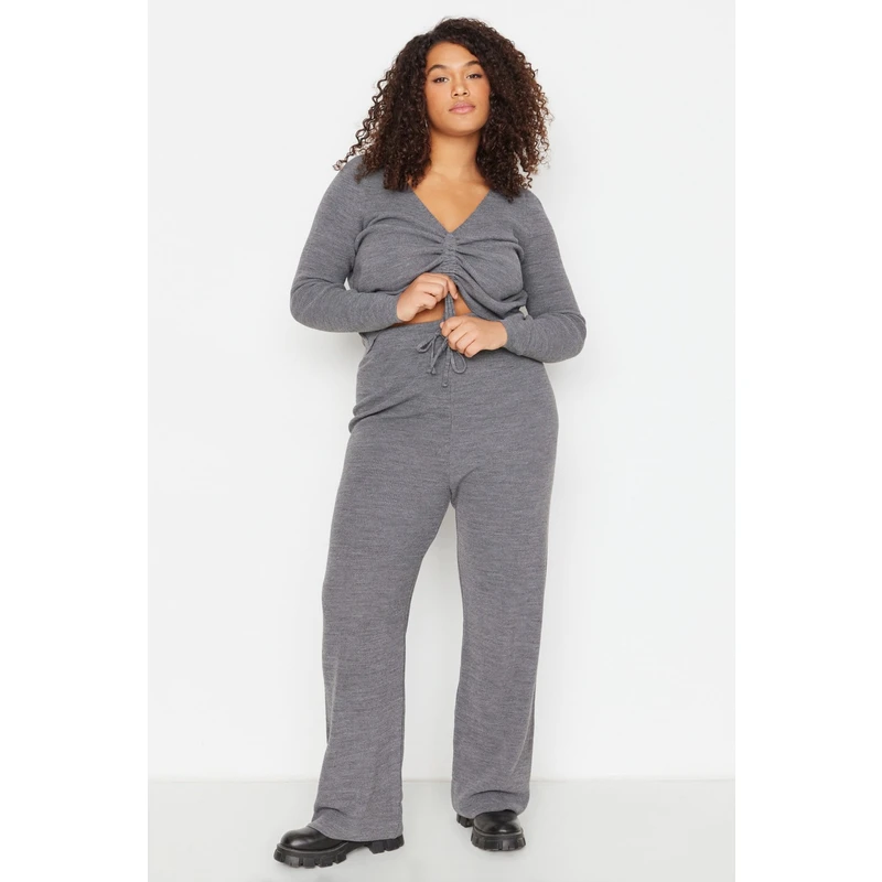 Trendyol Curve Gray V-Neck Tie Detailed Knitwear Blouse & Pants Set