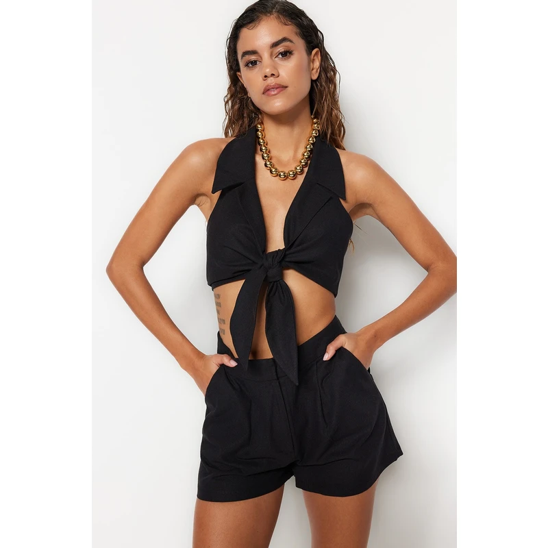 Trendyol Black Woven Tie Blouse and Shorts Set