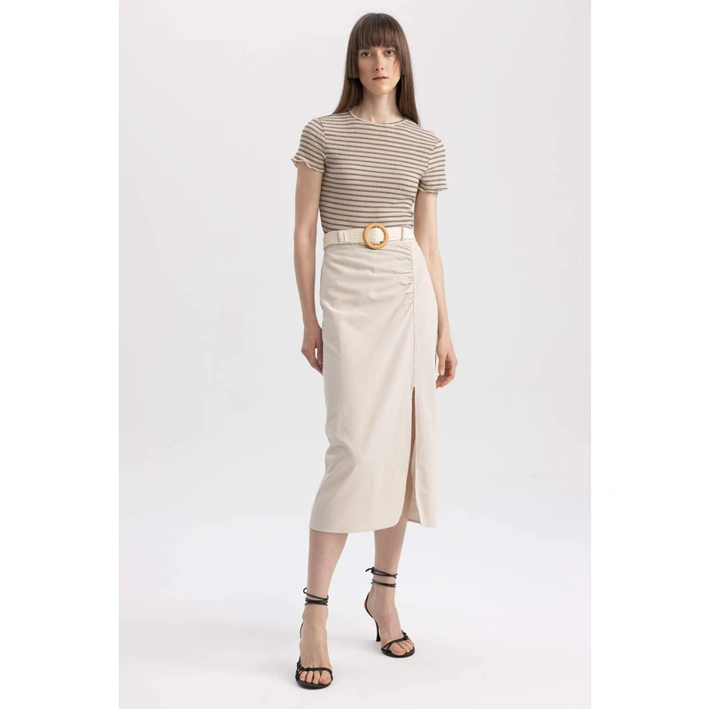 DEFACTO Straight Fit Normal Waist Linen Blend Midi Skirt