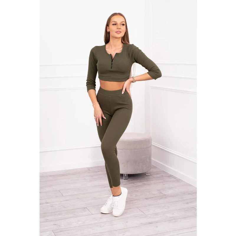 Žebrovaný crop top set khaki barvy