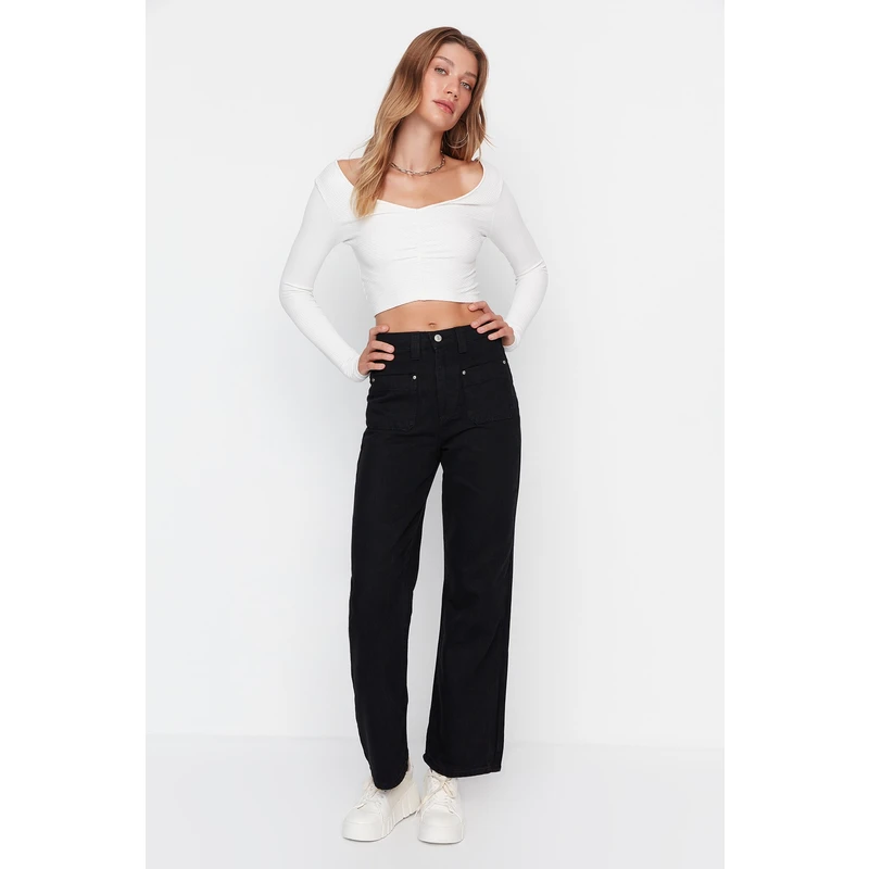 Trendyol Black Pocket Detailed High Waist Wide Leg Jeans