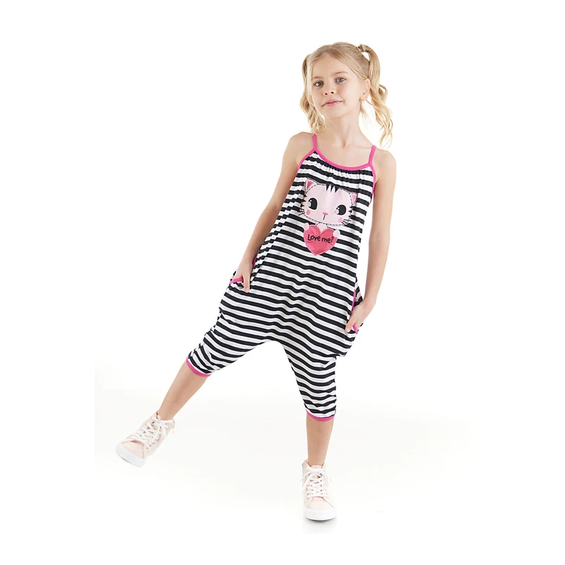 Denokids Love Me Girls' Striped Cat Jumpsuit with Straps