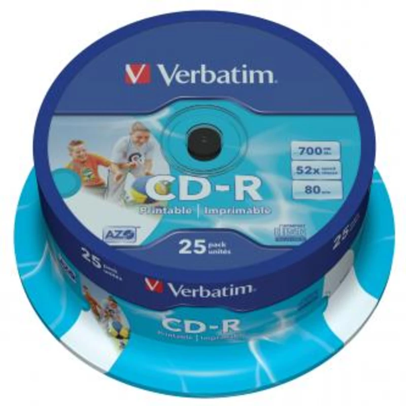 Verbatim CD-R, 43439, AZO Wide Inkjet Printable, 25-pack, 700MB, 52x, 80min., 12cm, spindle, pro archivaci dat