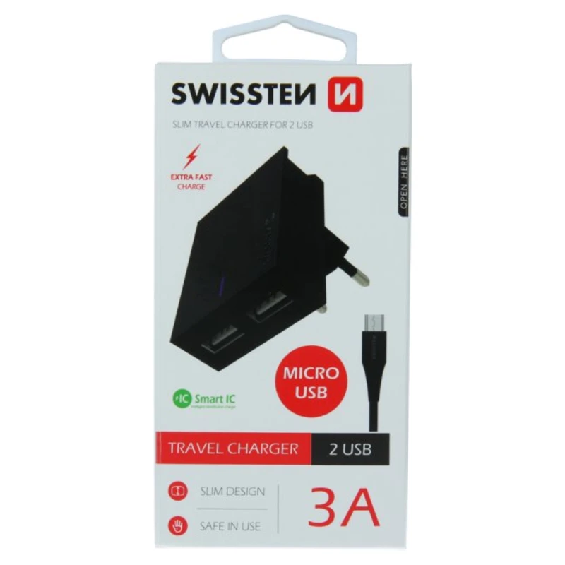 SWISSTEN SÍŤOVÝ ADAPTÉR SMART IC 2x USB 3A POWER + DATOVÝ KABEL USB / MICRO USB 1,2 M, ČERNÁ