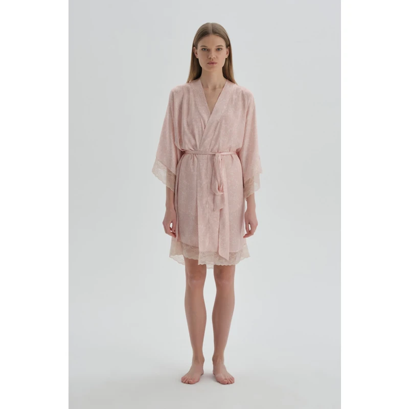 Dagi Dark Pink Patterned Satin Dressing Gown with Lace Detail.