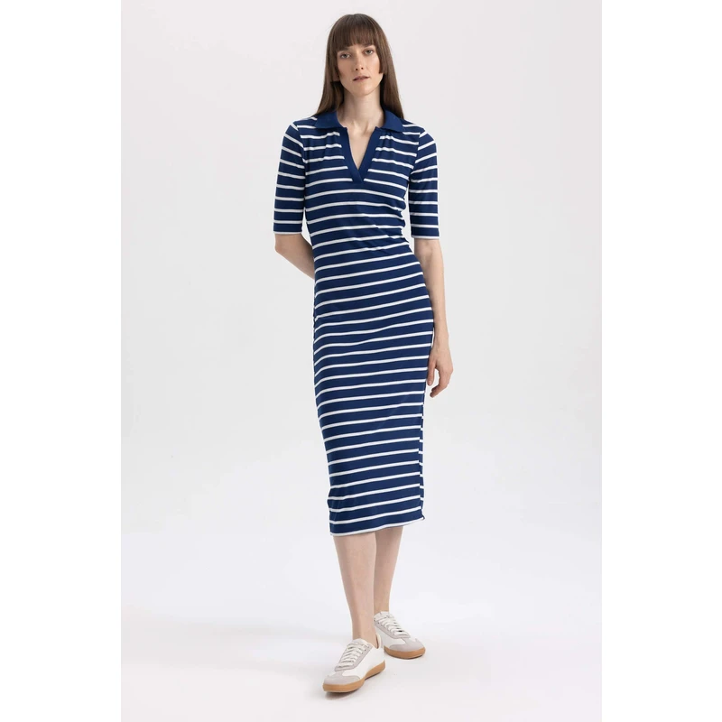 DEFACTO Bodycon Polo Neckline Striped Ribbed Camisole Midi Short Sleeve Dress