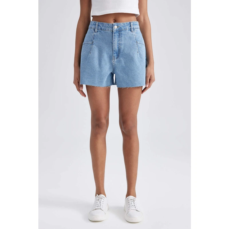 DEFACTO Mom Fit High Waist Cropped Cut High Leg Jean Shorts