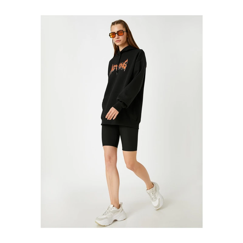 Koton Oversize Hooded Printed Sweatshirt with Fleece Inside