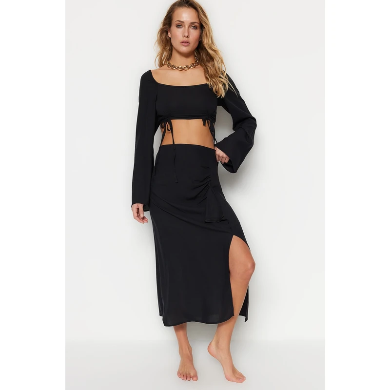 Trendyol Black Woven Gathered Top and Skirt Set