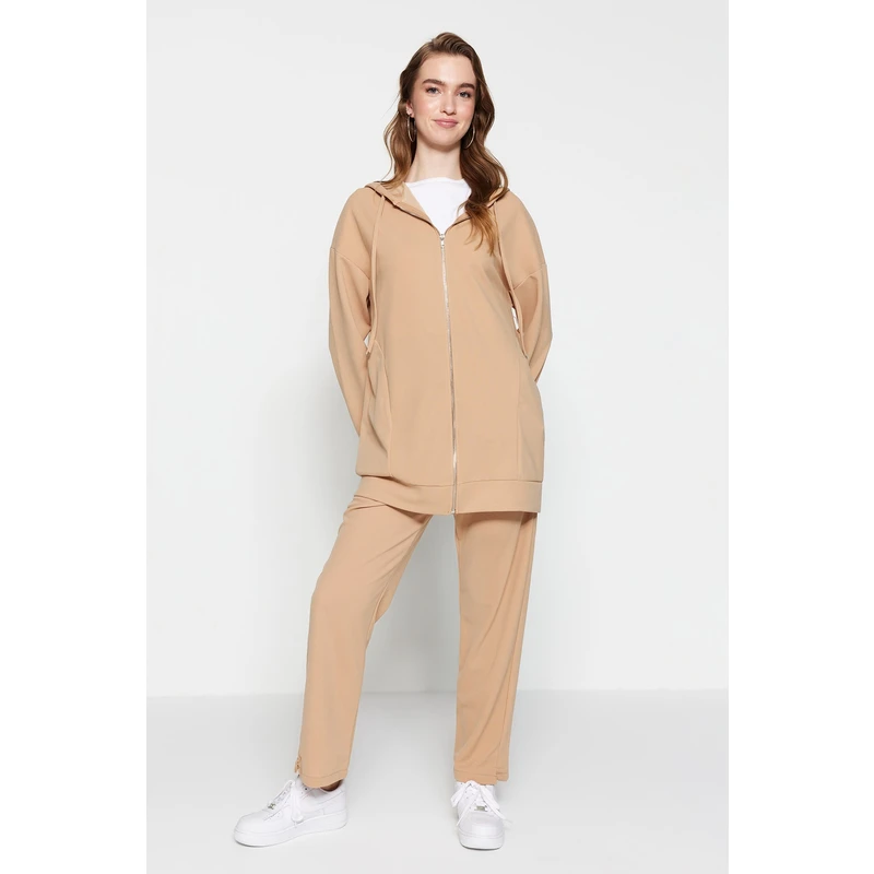 Trendyol Camel Hooded Zippered Knitted Tracksuit Set