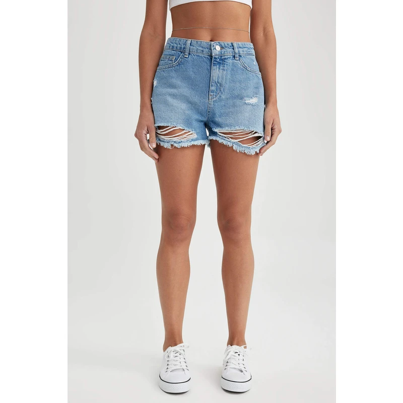 DEFACTO High Waist Cut-Tie Cropped Leg Jean Shorts