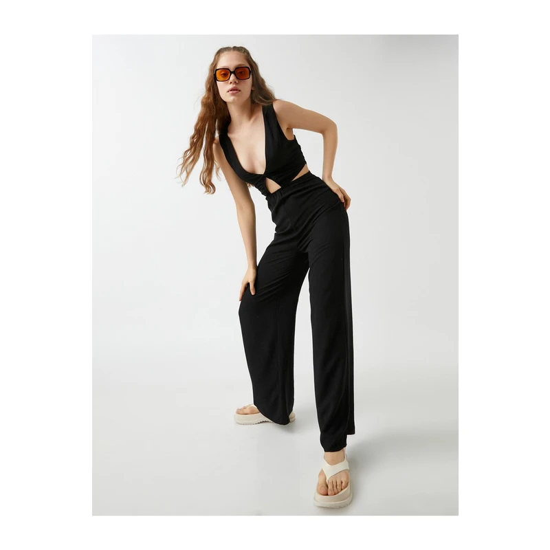 Koton Window Detailed Decollete Wide Leg Jumpsuit Linen Blend.