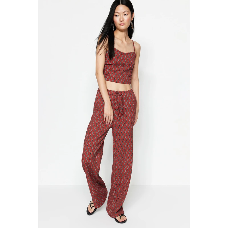 Trendyol Claret Red Printed Crop Strap Knitted Top and Bottom Set