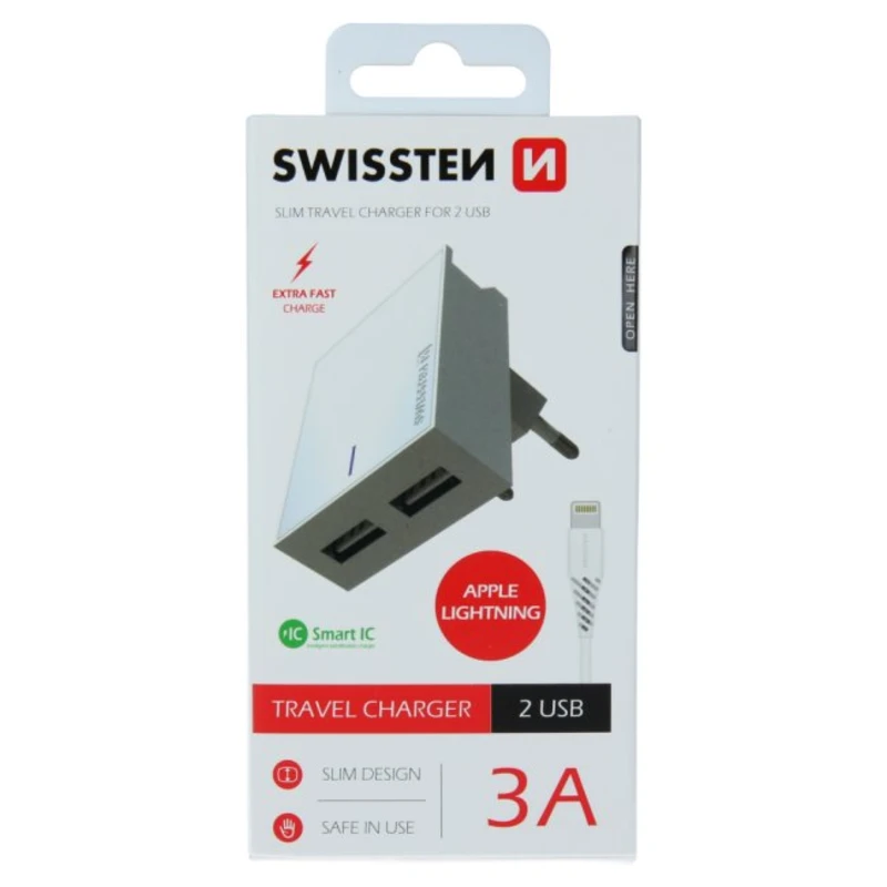 SWISSTEN SÍŤOVÝ ADAPTÉR SMART IC 2x USB 3A POWER + DATOVÝ KABEL USB / LIGHTNING 1,2 M, BÍLÁ