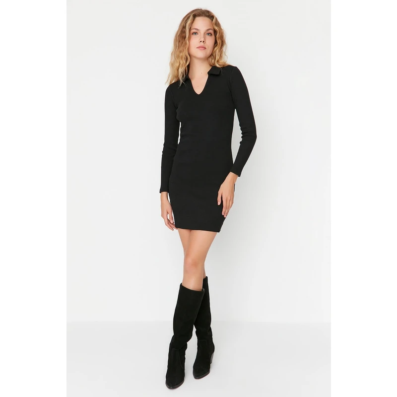 Trendyol Black Fitted Polo Neck Mini Ribbed Flexible Knitted Dress