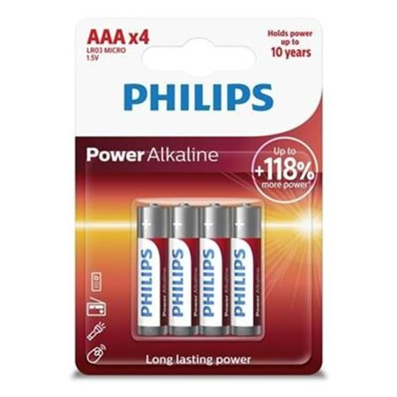 Mikrotužkové baterie AAA Philips Power Alkaline LR03 P4B alkalické