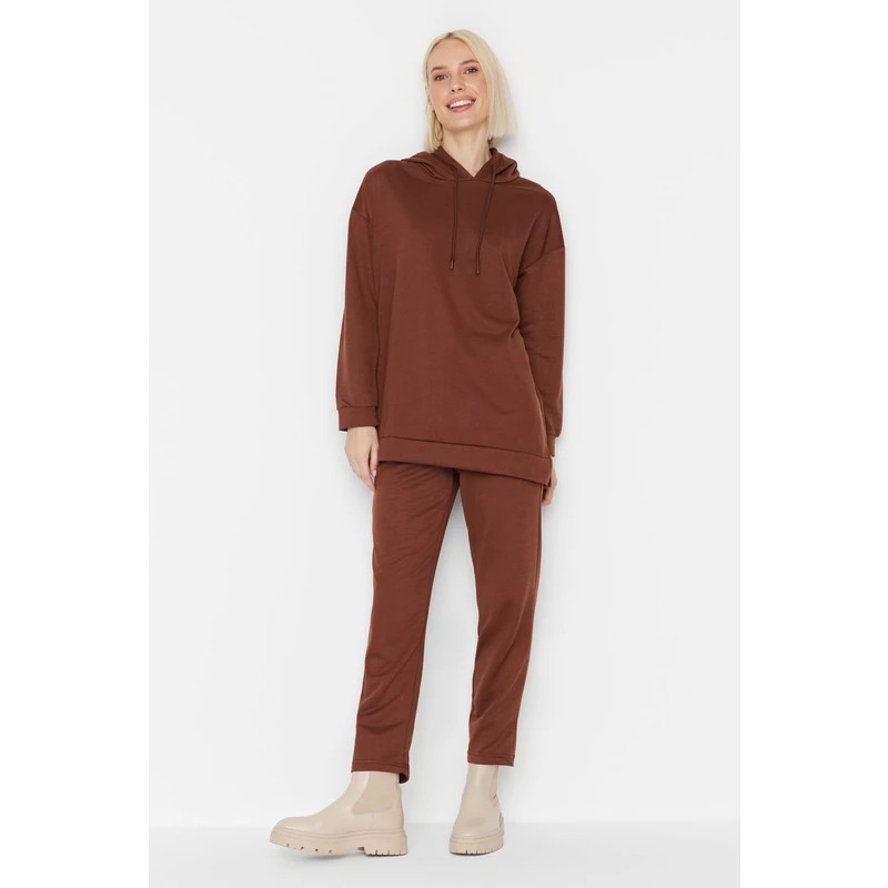 Trendyol Brown Basic Hoodie and Knitted Tracksuit Set