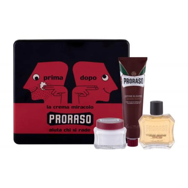 PRORASO Red After Shave Lotion dárková kazeta voda po holení 100 ml + krém na holení 150 ml + krém před holením 100 ml + plechová dóza pro muže