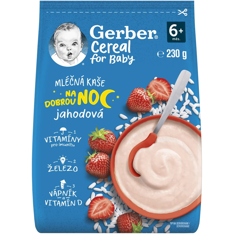 GERBER Kaše mléčná cereal jahodová Dobrou noc 230 g