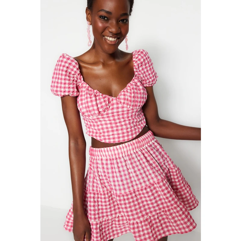 Trendyol Gingham, Textured Woven Ruffle Blouse and Skirt Set