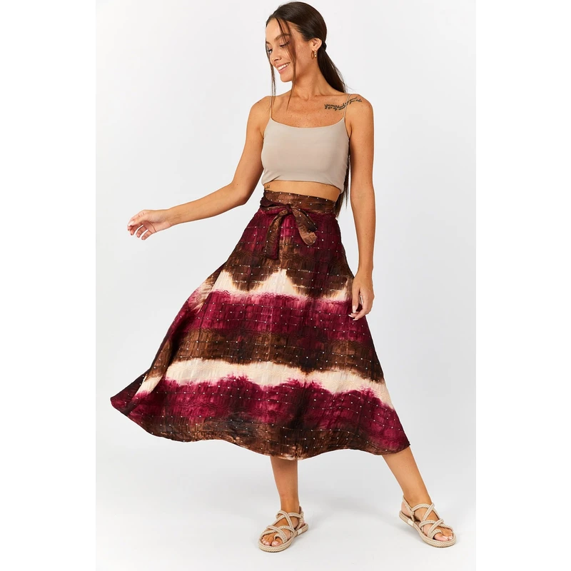 armonika Women's Plum Batik Patterned Sequin Tie Waist Skirt