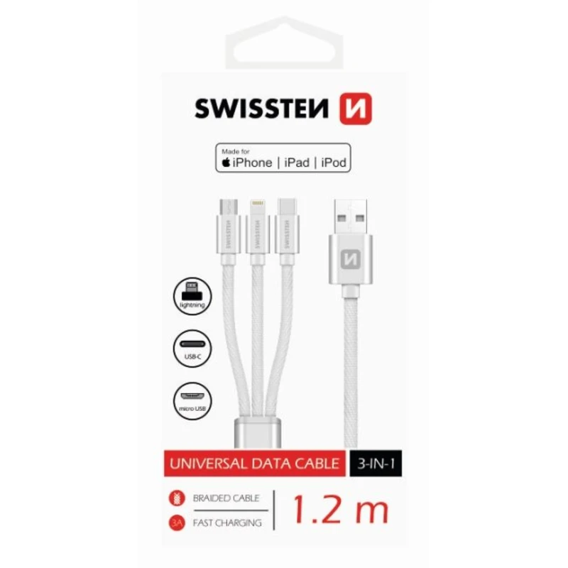 Datový kabel Swissten textile 3in1, MFi, 1,2m, stříbrný