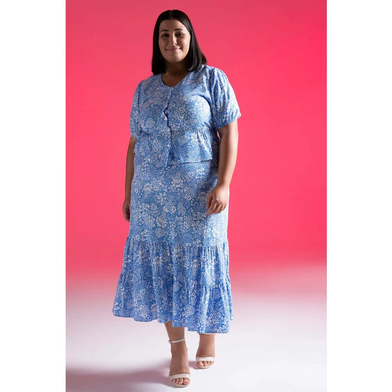 DEFACTO DF Plus Printed A-Line Plus Size Elastic Waist Midi Skirt