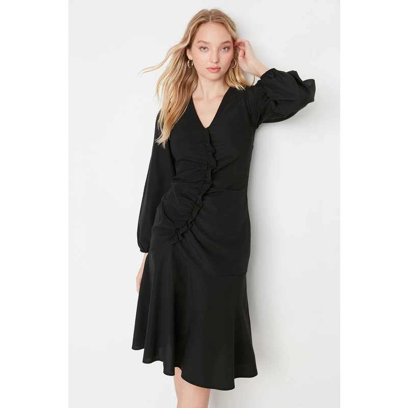 Trendyol Black Woven Ruffle Detailed Woven Dress