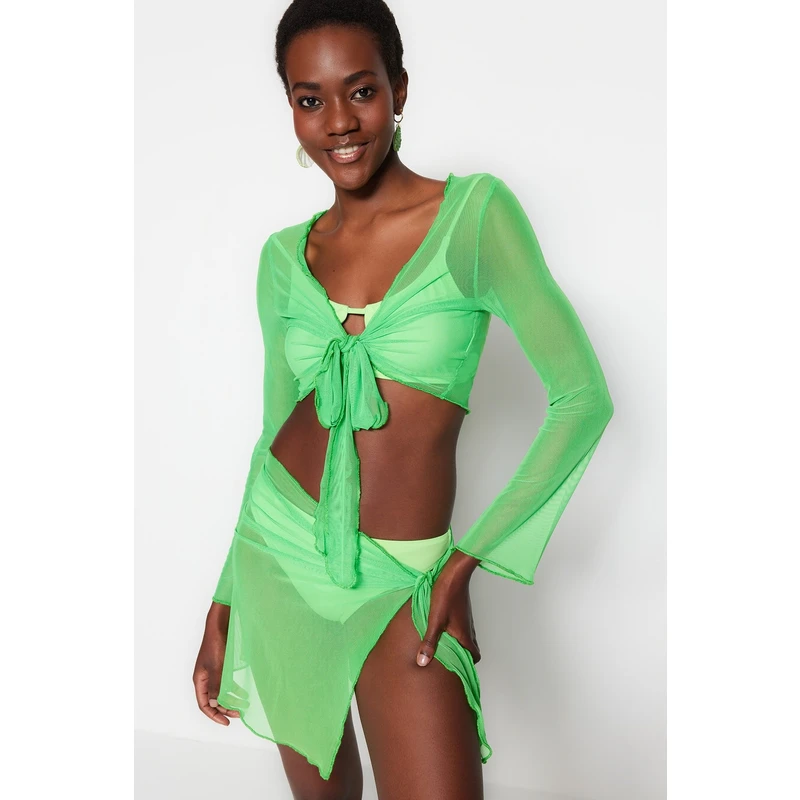 Trendyol Green Woven Tie Mesh Blouse and Skirt Set