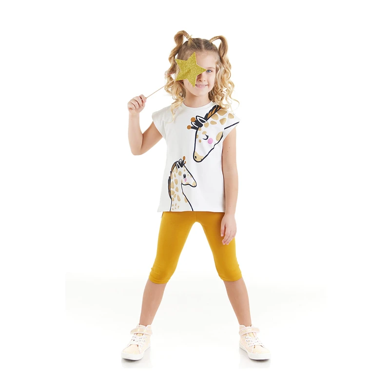 Denokids Giraffe Girls' White T-shirt, Mustard Leggings Summer Suite